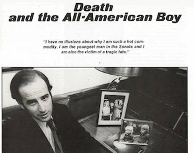 교통사고로 아내와 딸을 잃은 조 바이든 미국 상원의원이 사고 1년 6개월 후인 1974년 가족사진들로 장식된 자신의 집무실에서 정치잡지 워싱터니안과 인터뷰할 당시 모습. ‘죽음과 모두가 부러워하는 미국 남자(All American Boy)’라는 기사 제목이 눈에 띈다. 사진 출처 워싱터니안