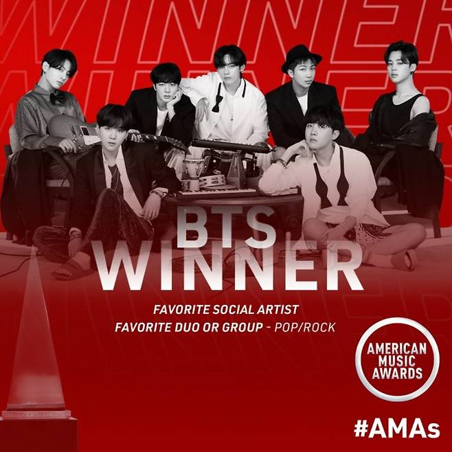 방탄소년단은 '2020 아메리칸 뮤직 어워드'에서 페이보릿 소셜 아티스트, 페이보릿 듀오-그룹-팝/록 2개 부문 수상자가 됐다. (사진=AMAs 공식 트위터)