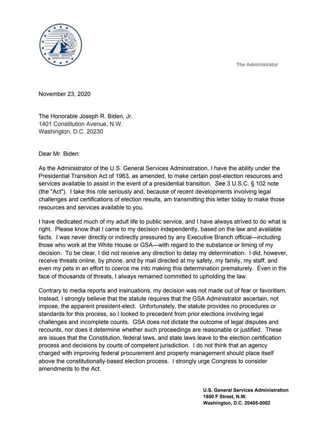 에밀리 머피 연방총무청(GSA) 청장이 조 바이든 미국 대통령 당선인에게 보낸 서안. © 뉴스1