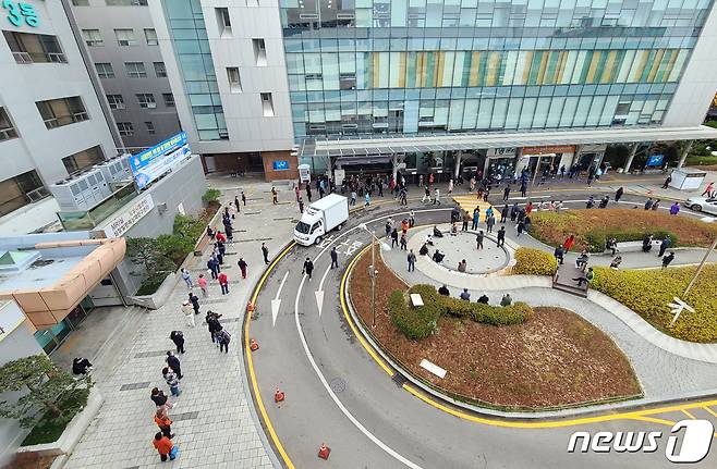 지난 18일 오전 광주 동구 전남대학교병원 앞에서 외래 환자들이 약 처방을 받기 위해 줄지어 서 있다.© News1 황희규 기자