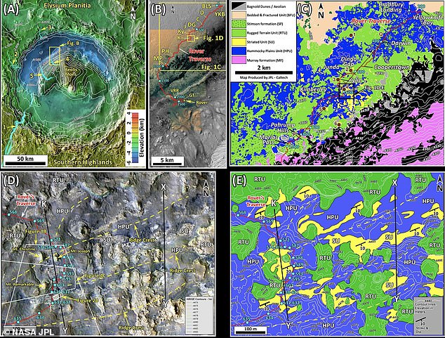 이 사진들은 게일 화구의 이미지들로, 몇십 억년간 화성의 활동으로 생성된 산과 파문 등 다양한 지형적 특징을 보여준다.(사진=NASA/JPL)