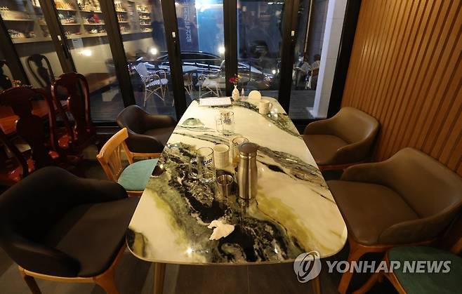 밤 9시가 지난 뒤 (서울=연합뉴스) 홍해인 기자 = 신종 코로나바이러스 감염증(코로나19) 확산으로 서울 등 수도권에 사회적 거리두기 2단계가 시행된 24일 오후 서울 서초구 신사역 인근 식품접객업소에서 밤 9시가 넘어서며 손님이 떠난 자리에 컵과 술잔이 놓여 있다. 2020.11.24 hihong@yna.co.kr