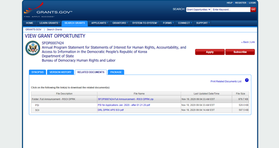 A screenshot of the U.S. government's grants application website showing a State Department notice offering funding for organizations seeking to promote human rights in North Korea. [SCREEN CAPTURE]