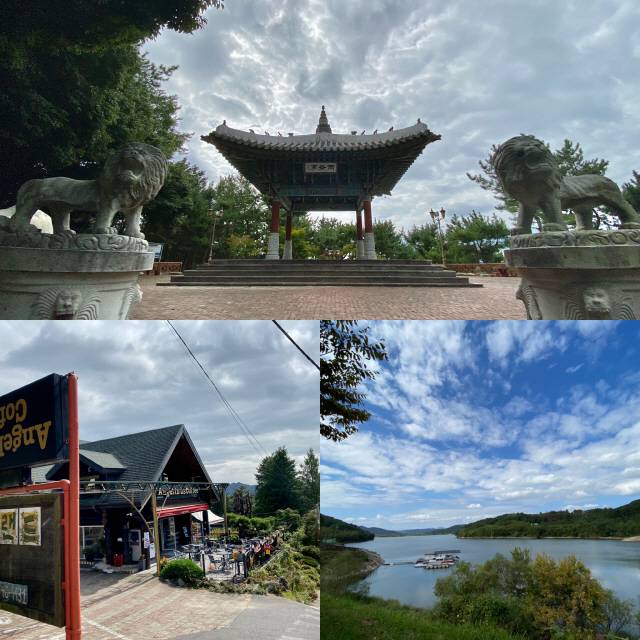 윗사진부터 몬스터 소환 지점 같은 진양호 우약정-드넓은 진양호-레일(영업중단)로 둘러싸인 산장풍의 카페.