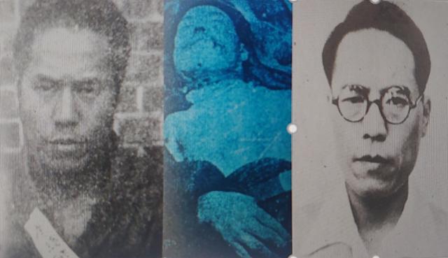이현상. 왼쪽부터 1925년 6·10만세사건으로 투옥 때, 1953년 지리산에서 사살당한 사진(의신마을 역사관) 북한 혁명박물관 전시사진.