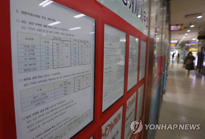 종부세 안내 (서울=연합뉴스) 서명곤 기자 = 27일 서울 송파구 한 부동산중개업소에 종합부동산세 개정 내용에 대한 안내문이 붙어있다.   2020.11.27 seephoto@yna.co.kr