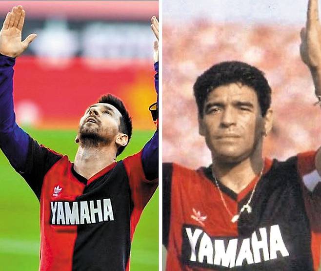 FC바르셀로나의 리오넬 메시가 최근 세상을 떠난 디에고 마라도나의 선수 시절 유니폼을 드러내며 골 세리머니를 하고 있다(왼쪽). 마라도나는 1993년 아르헨티나 뉴웰스 올드 보이스에서 뛰었고(오른쪽) 메시는 이 클럽 유소년팀에서 꿈을 키웠다. /리오넬 메시 인스타그램