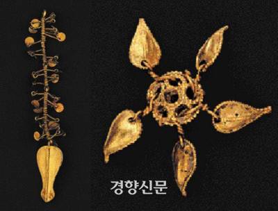 오구라 유물 가운데 ‘전 경주 금관총 출토 금제수식’이 눈에 띈다. 금관총 발굴 당시 도굴품을 오구라가 구입한 것이다.|국립문화재연구소 도록에서