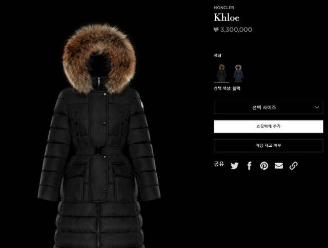 프랑스 브랜드 몽클레르의 인기제품인 롱패딩 '클로에' 라인은 330만원에 판매되고 있다. 몽클레르 홈페이지 캡처