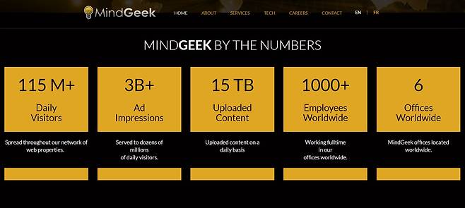 세계 최대 불법촬영 영상 유통 사이트 ‘폰허브’의 소유주 마인드긱. 마인드긱 홈페이지 캡쳐.