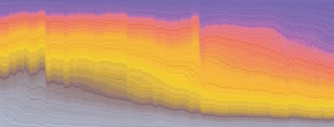 올해 창간 175주년을 맞은 미국의 대표 과학잡지 '사이언티픽 아메리칸'이 175년간 잡지에 사용된 용어 빈도를 분석해 9월 특별판에 발표했다. 그림은 용어 사용 변천을 시각적으로 변환한 것으로, 회색에서 노란색, 노란색에서 자주색으로 바뀌는 두 번의 큰 변화가 확인됐다. 사이언티픽 아메리칸 홈페이지 캡처