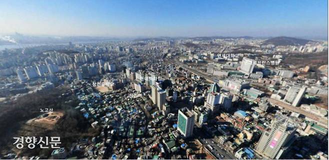 무악쪽에서 한강을 바라본 모습. 뒤로는 북한산 앞으로는 남산 등에 막힌 형국인 한양에 비해 무악쪽은 한강까지 뻥뚫린 모습이다.