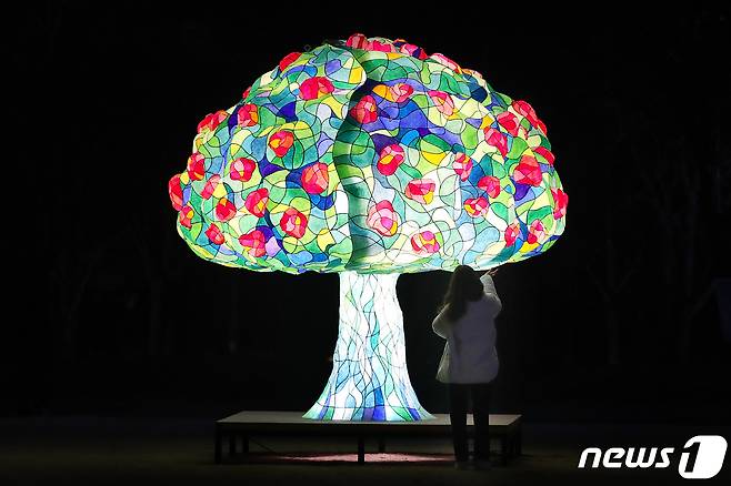 11일 오후 대구 수성구 두산동 수성못에서 열린 '제2회 수성빛예술제'를 찾은 시민들이 아름답게 빛나는 작품을 감상하고 있다. 2020.12.11/뉴스1 © News1 공정식 기자