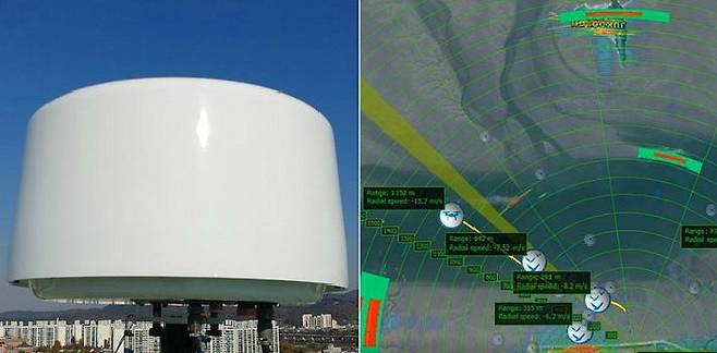 도심형 드론탐지 레이더 시제품 형상 및 탐지 화면(사진=한국공항공사 제공)