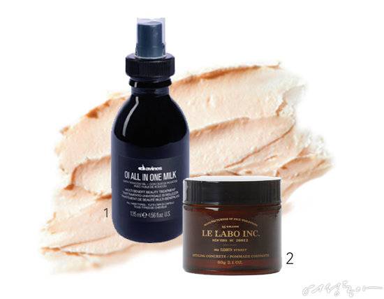 1 다비네스 오이 올인원 밀크 135ml 5만원.   2 르 라보 스타일링 콘크리트 60g 4만1천원.