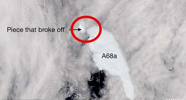 초거대 빙산 A-68a가 해류와 충돌해 새로운 빙산이 생겨났다