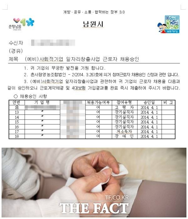 전북 남원시가 A 씨에게 사회적기업 신규 지정 공모에 따른 일자리 창출 사업에 탈락됐지만 공무원 착오로 선정됐다고 발송한 공문. A 씨는 공문에 따라 고용계약과 4대 보험 가입 등으로 천여만 원을 손해봤다. /남원=이경민 기자