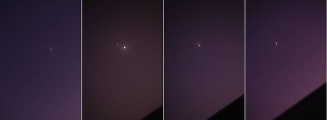 미국 캘리포니아에서 캐나다 왕립천문학회가 원격망원경에 카메라를 매달아 촬영한 토성(왼쪽)과 목성의 사진. 맨 왼쪽 사진부터 각각 12월 14일, 17일, 19일, 20일에 촬영됐다. 캐나다 왕립천문학회 제공
