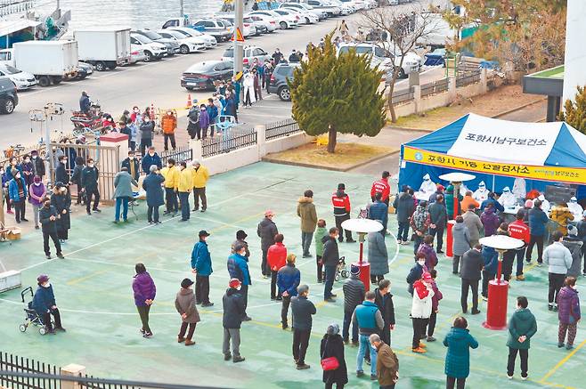 27일 경북 포항시 남구 구룡포읍민들이 읍민도서관에 설치된 신종 코로나 바이러스 감염증(코로나19) 기동선별진료소에서 검사를 받기 위해 줄을 서서 기다리고 있다. 뉴스1