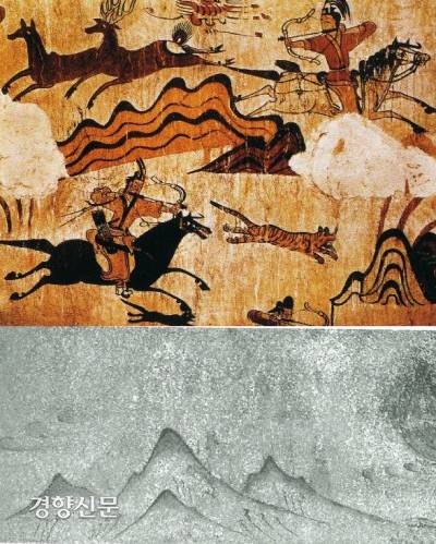 5세기 중반에 그려진 것으로 추정되는 무용총 벽화(위사진)에 얼룩무늬  모양의 물결치는 듯한 산세가 표현됐다. 그러나 산세가 인물보다 작고 무엇보다 둥둥 떠있는 느낌이다. 7세기 초의 강서중묘(밑 사진)에 표현된 산세는 그나마 안정되어 있다. 그러나 이 산세 역시 고분 벽화의 주제가 아니라 배경이나 부가물로 표현돼있다.|이내옥의 논문에서