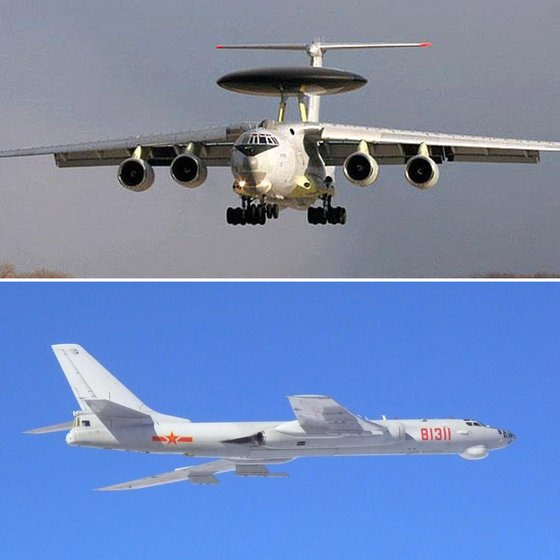 시아 A-50 조기경보통제기(사진 위)와 중국 H-6 폭격기.   A-50 조기경보통제기, Tu-95폭격기 등 러시아 군용기 15대와 H-6로 추정되는 중국 군용기 4대가 22일 한국방공식별구역(KADIZ·카디즈)에 진입했다가 이탈했다. 이들 군용기의 영공 침범은 없었다고 합참은 밝혔다. 사진 러시아 국방부 영문 홈페이지·일본 방위성 통합막료감부 제공자료 캡처.