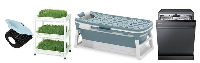 왼쪽부터 와플메이커, 새싹재배기, 이동 접이식 욕조, 식기세척기. <G마켓, 삼성전자 제공>
