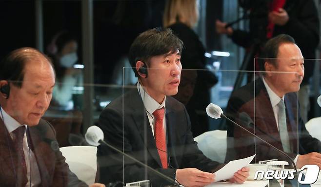 하태경 국민의힘 의원이 지난 11월 24일 서울 중구 신라호텔에서 열린 '제17차 북한자유이주민 인권을 위한 국제의원연맹 총회'에서 인사말을 하고 있다. /사진=뉴스1
