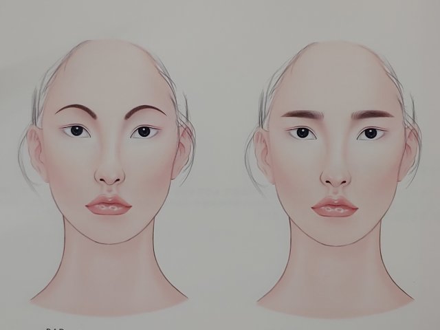 긴형 얼굴에는 ‘아치형’ 눈썹 보다는 ‘일자 수평형’(오른쪽) 눈썹이 길어보이는 얼굴을 보완해 줄 수 있다.