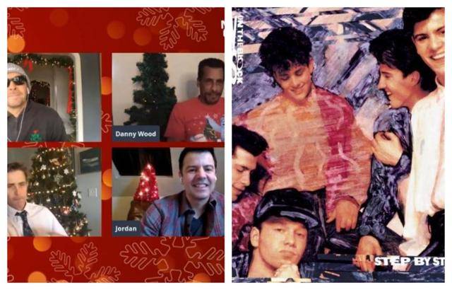 뉴키즈 온 더 블록 멤버들의 최근 모습(왼쪽)과 1990년 발표 음반 표지.