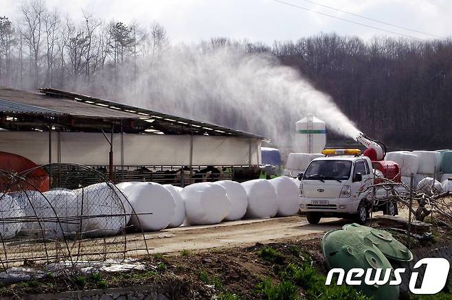 충북 증평군 조류인플루엔자 방역 모습. (증평군청 제공) © News1