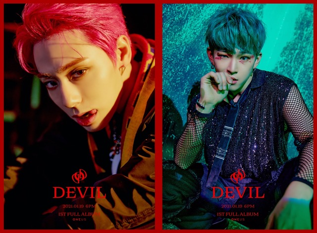 원어스가 오는 19일 첫 정규 앨범 'DEVIL'을 발표한다. 그에 앞서 멤버 환웅(왼쪽)과 이도의 콘셉트 사진을 공개하고 파격 변신을 예고했다. /RBW 제공