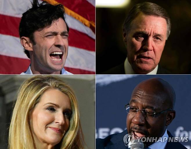 미국 조지아주 상원의원 후보들. 존 오소프, 데이비드 퍼듀, 켈리 뢰플러, 라파엘 워녹.(상단 왼쪽부터) [AFP=연합뉴스]