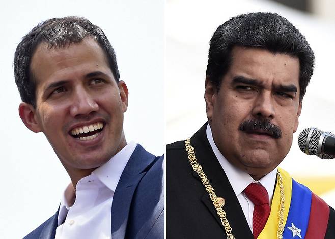 니콜라스 마두로 베네수엘라 대통령(오른쪽)과 후안 과이도 국회의장 겸 임시 대통령. AFP연합뉴스