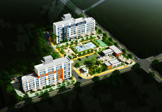 총공사비 245억 원을 투입해 건설하게 될 공공임대주택은 하마보로 알려진 강진읍 동성리 일원의 부지면적 1만 3831㎡에 지상 8층, 총 150세대 아파트 2동과 경로당, 복합커뮤니티센터, 관리사무소 등 부대시설 3동이 들어선다. 강진 동성 공공임대주택 건설사업 조감도/강진군