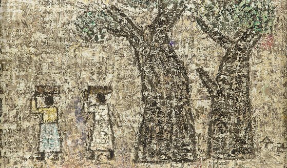 박수근,두 나무와 두 여인,1964,메소나이트에 유채,13x22.5cm.추정가 3 억~5억5000만원[사진 케이옥션]