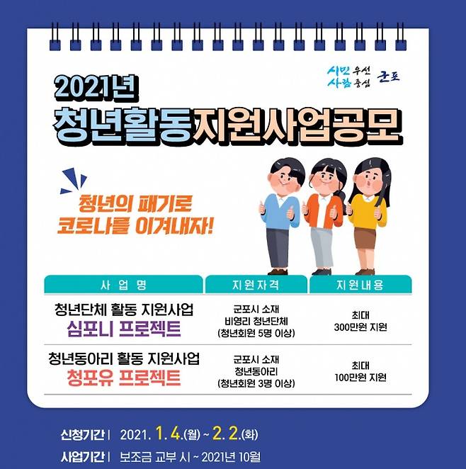 군포시는 지역내 자발적 청년단체와 청년동아리의 다양한 활동을 돕기 위한 청년활동 지원사업을 공모한다고 7일 밝혔다. / 사진제공=군포시