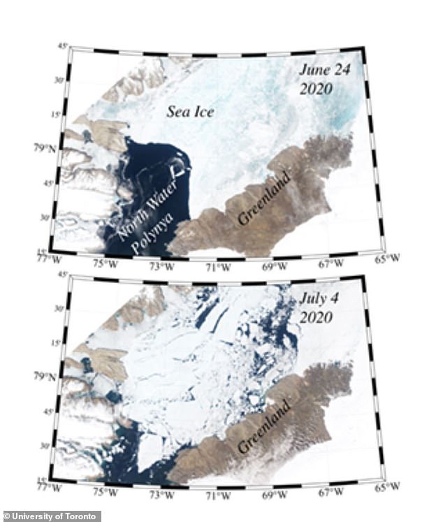 토론토대 연구진은 ESA의 센티널 1호가 촬영한 위성 사진을 이용해 지구 온난화 탓에 아치형 해빙이 북극 전체에서 2배 빠른 속도로 면적이 감소하고 있다는 것을 관찰했다.(사진=토론토대)