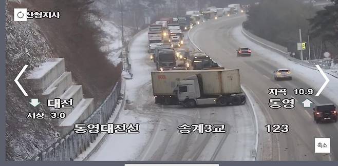 눈길에 꺾인 컨테이너 트레일러 [한국도로공사 고속도로 CCTV 화면 캡처]