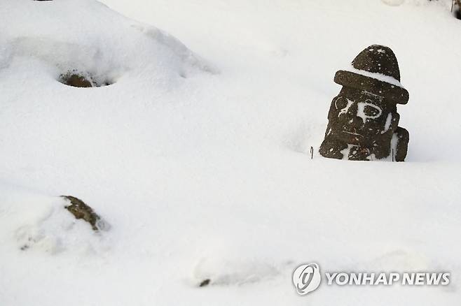 폭설에 파묻힌 돌하르방 (제주=연합뉴스) 박지호 기자 = 제주도에 폭설이 내린 7일 오전 516도로에 세워진 돌하르방이 눈에 파묻혀 있다. 2021.1.7 jihopark@yna.co.kr