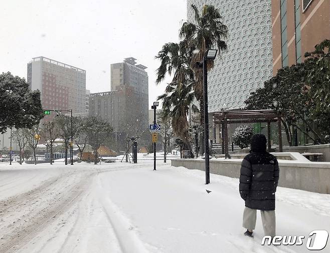 제주도에 눈보라가 몰아친 지 이틀째인 8일 오후 제주시내 도로 곳곳에 눈이 쌓여 시민들이 불편을 겪고 있다.2021.1.8/뉴스1 © News1 홍수영 기자