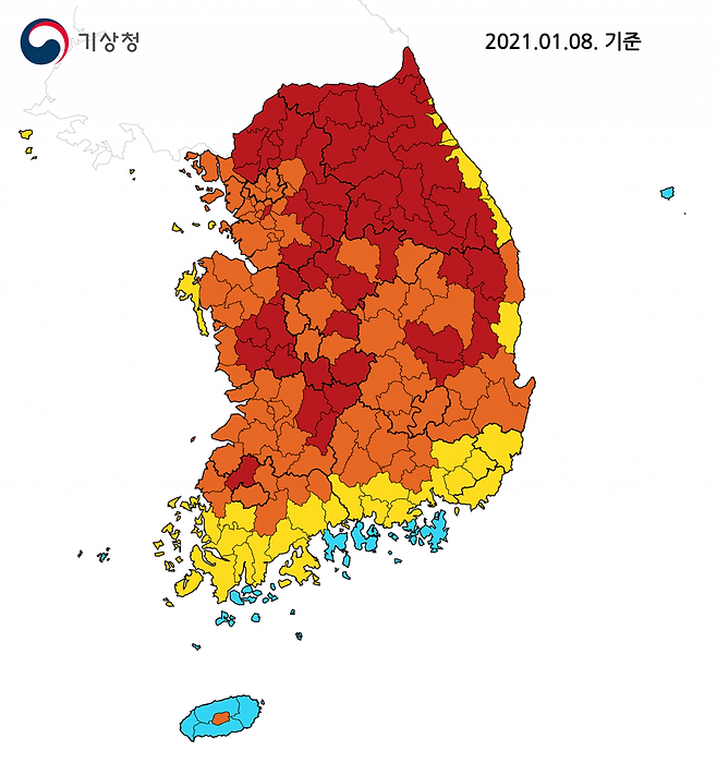 전국 한파 위험수준 분포도/사진제공=기상청