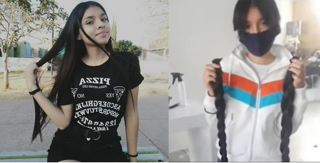 할아버지의 치료에 필요한 산소통을 채우기 위해 머리카락을 판 아나 파올라 로메로(16). 트위터 캡처.