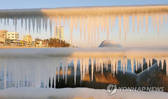 최강 한파에 바닷물도 고드름으로 (강릉=연합뉴스) 이해용 기자 = 매서운 한파가 이어진 9일 강원 강릉시의 한 해변에 바닷물이 얼어붙으면서 생긴 고드름이 달려 있다. 2021.1.9 dmz@yna.co.kr