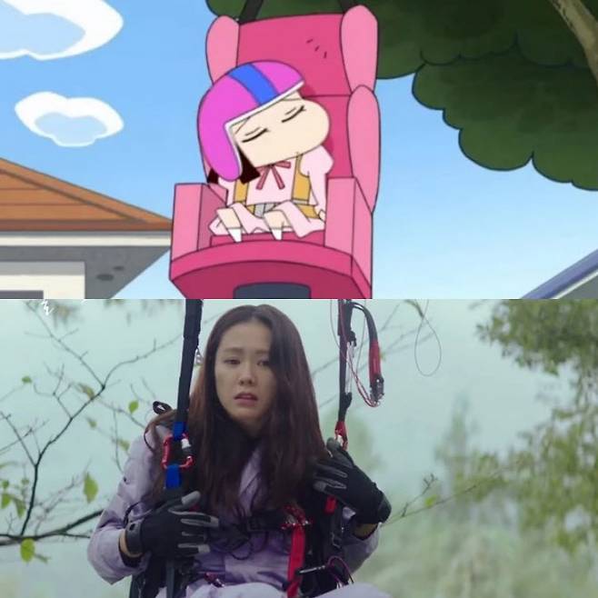 부잣집 딸 수지(위)가 재벌 상속녀 역할을 맡은 손예진(아래)과 겹쳐 보이는 듯 하다(사진=TV아사히·tvN)