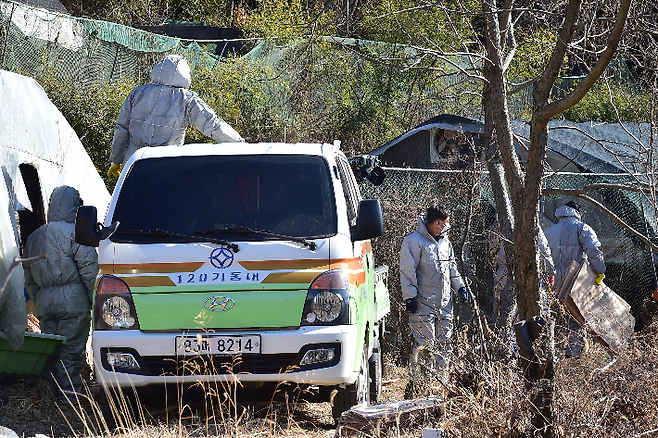 AI 발생 오리 농가에서 진주시 공무원들이 방역작업을 하고 있다. 진주시 제공