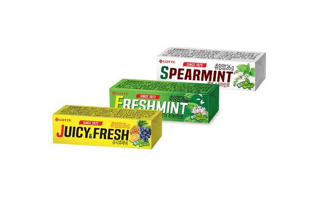 쥬시후레쉬, 후레시민트, 스피아민트 껌.(사진=롯데제과)