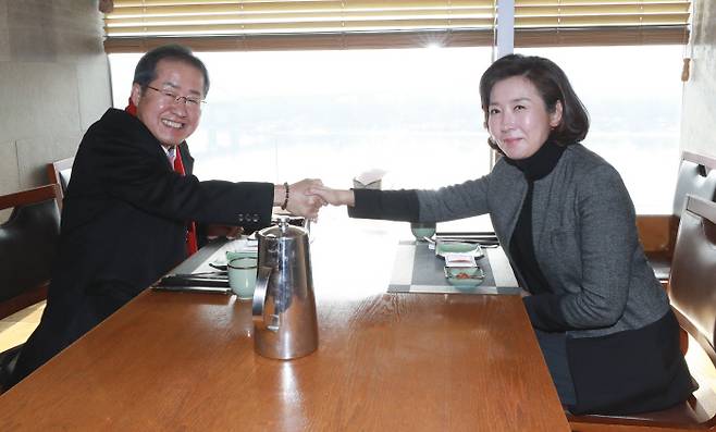 나경원 전 의원(오른쪽)과 무소속 홍준표 의원이 12일 서울 마포구 한 식당에서 만나 악수하고 있다. | 국회사진기자단