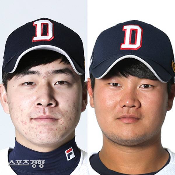 두산 투수 정현욱(왼쪽)과 포수 권기영. 두산 베어스 제공