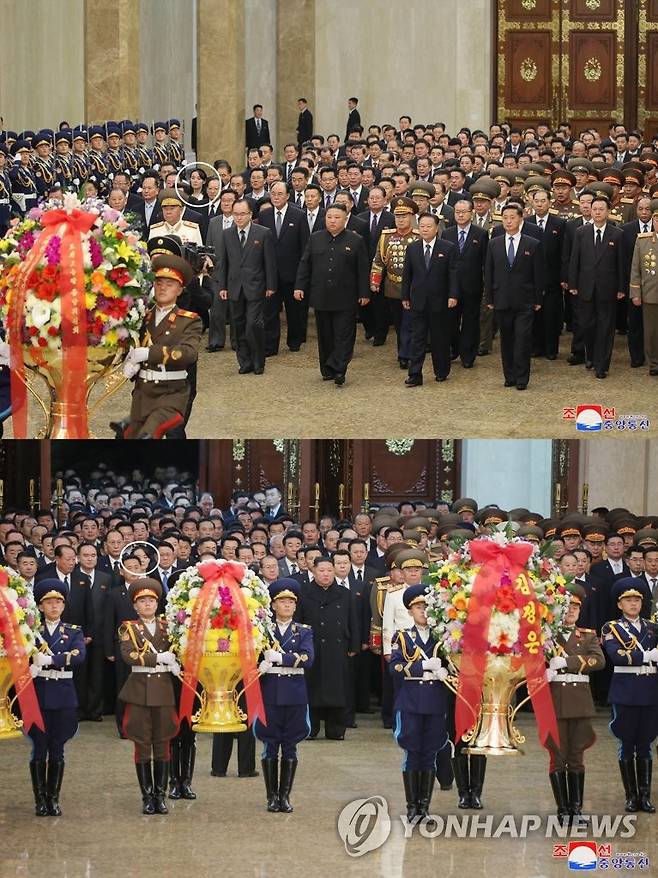 제1부부장→부부장 강등된 김여정, 둘째줄에서 넷째줄로 (평양 조선중앙통신=연합뉴스) 김정은 북한 노동당 총비서의 동생인 김여정이 당 제1부부장에서 부부장으로 강등된 이후 금수산태양궁전 참배에서도 뒤로 밀려난 모습을 조선중앙통신이 13일 보도했다. 김 부부장은 지난 1일 참배에서는 김 총비서의 바로 뒷줄에 서 있었으나(아래 사진 하얀 원), 8차 당대회가 폐막한 지난 12일에는 넷째줄 왼쪽 끝에 위치했다(위 사진 하얀 원).      [국내에서만 사용가능. 재배포 금지. For Use Only in the Republic of Korea. No Redistribution] nkphoto@yna.co.kr