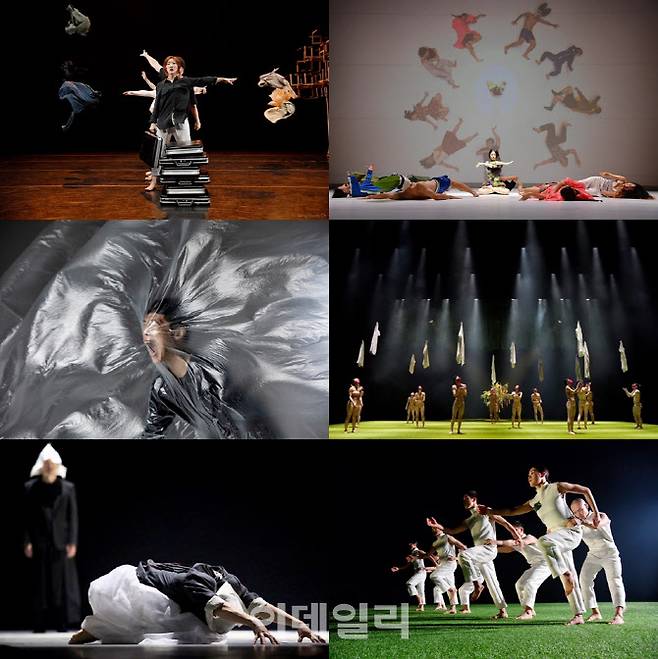 한국춤비평가협회 ‘2020 한국춤비평가상’ 베스트6에 선정된 고블린파티 ‘놀이터’(상단 왼쪽부터), 오!마이라이프무브먼트씨어터 ‘부앙부앙’, 노네임소수 ‘블랙’, ‘산양의 노래’, 장댄스프로젝트 ‘이윽고’, 시나브로가슴에 ‘히트 앤 런’(사진=한국춤비평가협회).